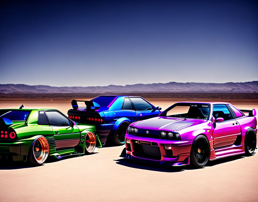 Three Unique Sports Cars with Vibrant Body Kits in Desert Setting