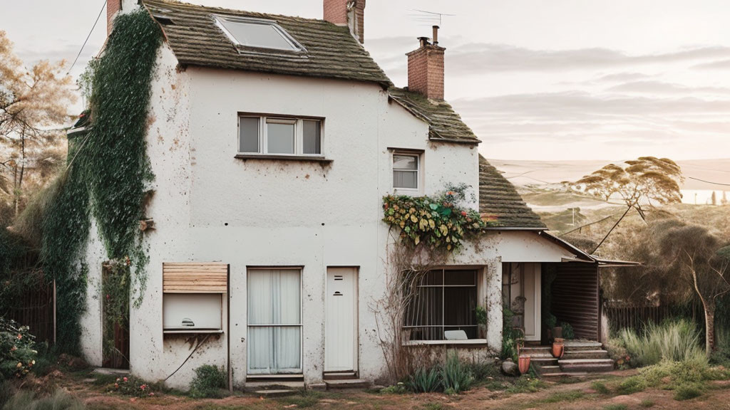 Two-story country house covered in ivy at sunset