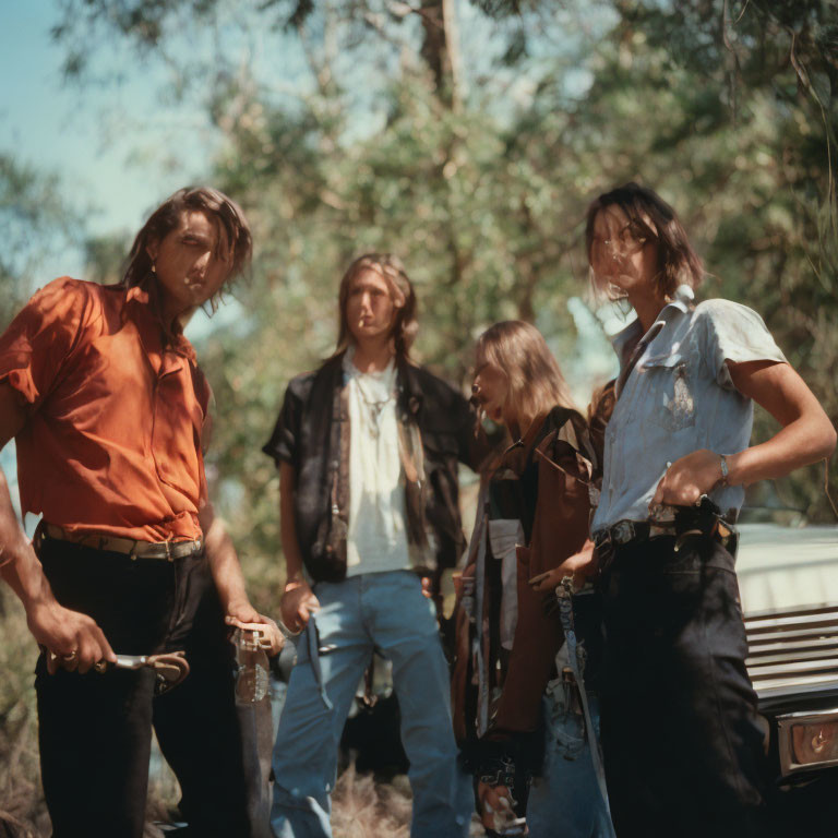 Four People in Vintage Clothing by Car in 70s Style