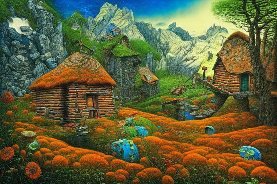 Colorful fantasy scene with thatched-roof cottages, blue creatures, mushrooms, and mountains.