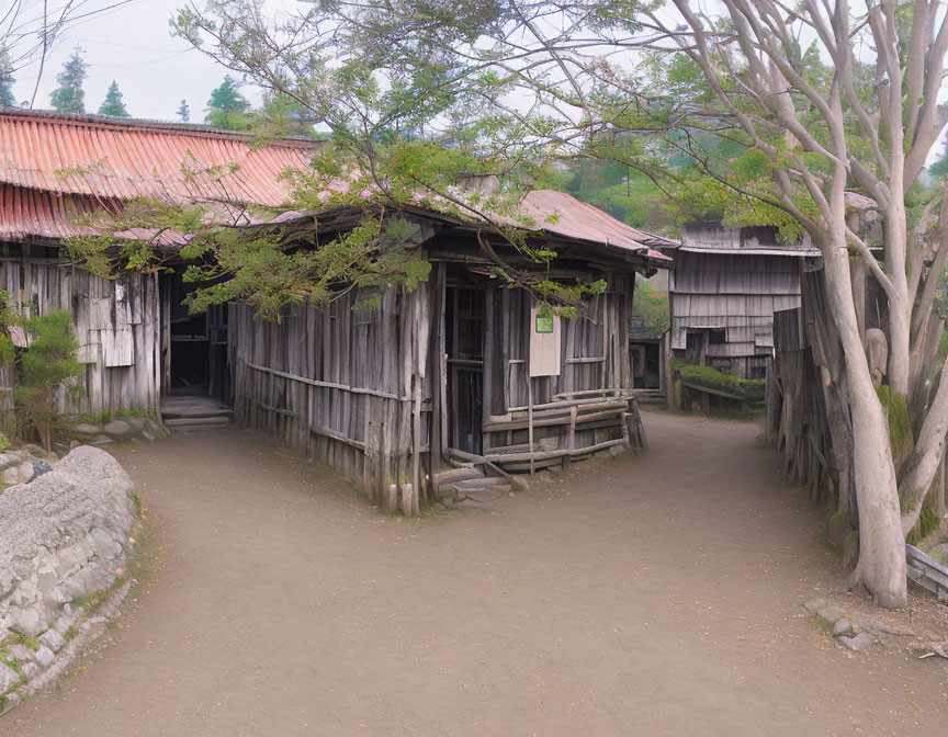 Weathered wooden buildings with shingle roofs in serene setting