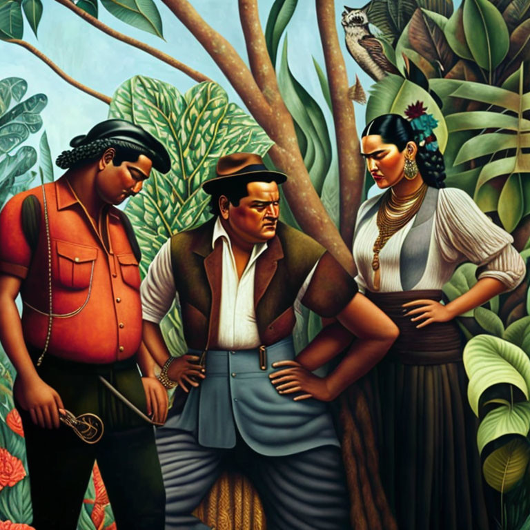 Three People in Traditional Attire Among Lush Foliage Painting