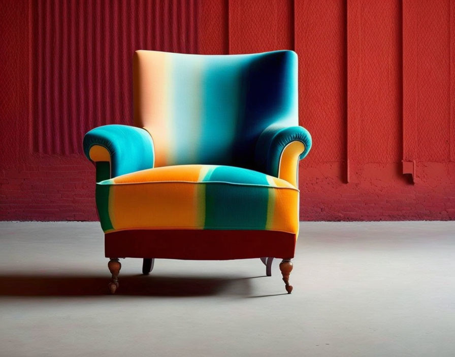 Multicolored high-back armchair against red brick wall