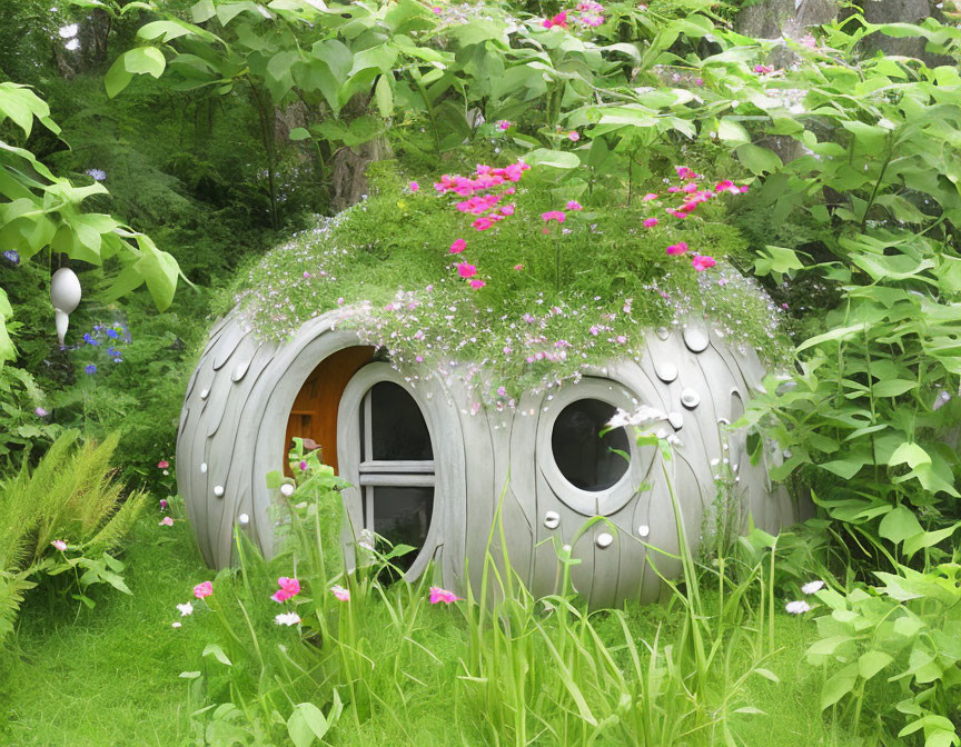 Metallic spherical structure with round windows in lush greenery and wildflowers.