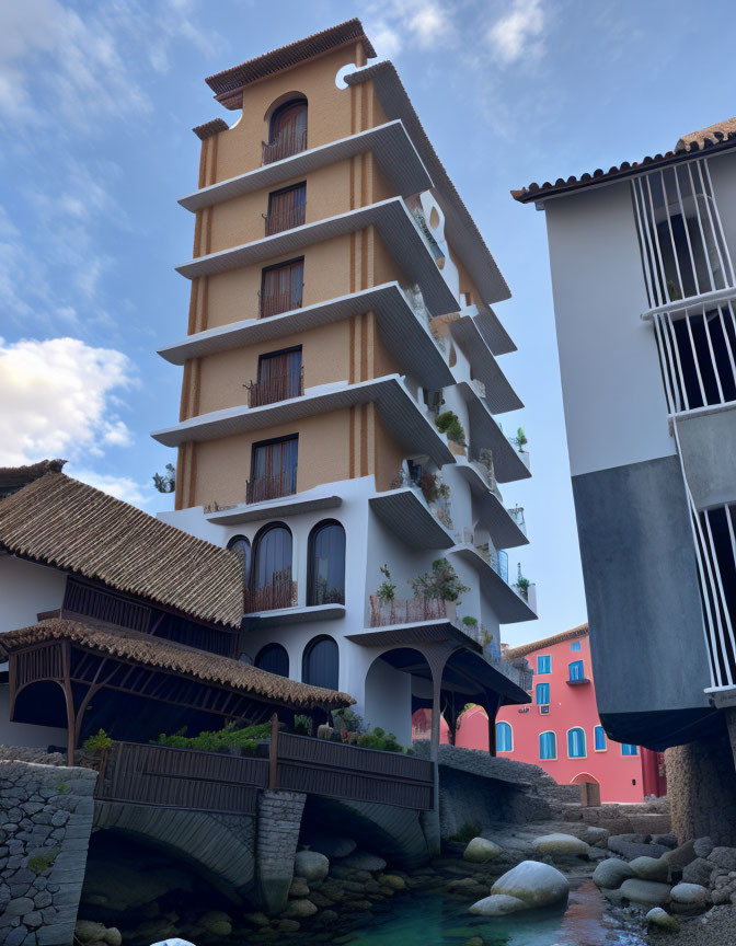 Beige multi-story building with balconies near bridge and colorful structures