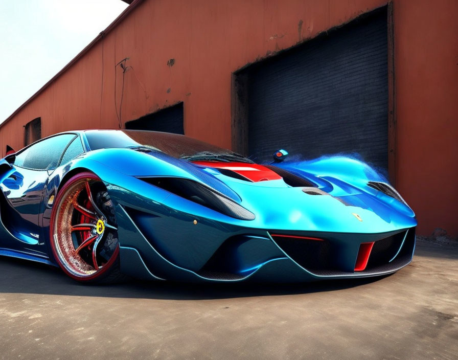 Blue Sports Car with Red Accents Parked in Front of Industrial Building