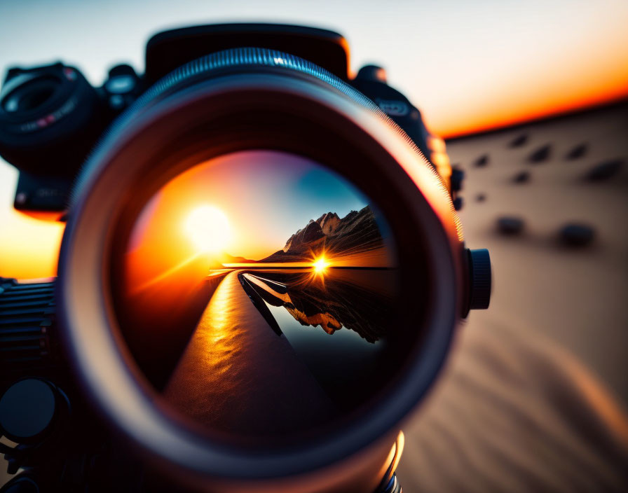 Symmetrical sunset reflection on smooth surface in warm sky