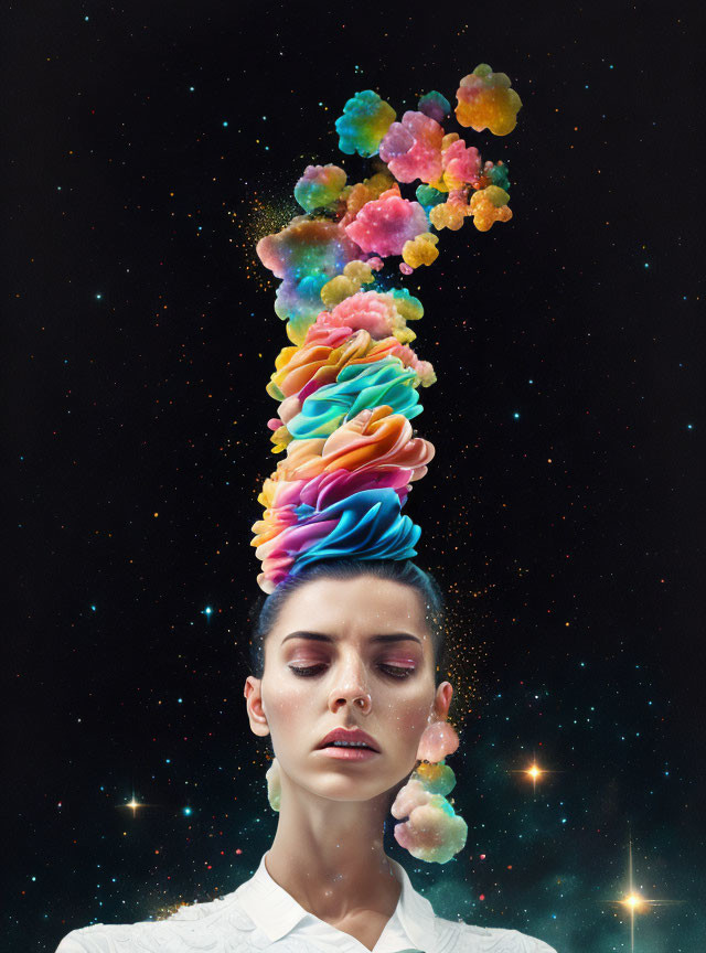 Vibrant surreal portrait of a woman with colorful cloud trail on starry space background