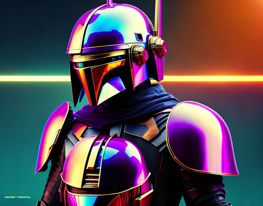 Vibrant digital art: futuristic armored figure on neon gradient.