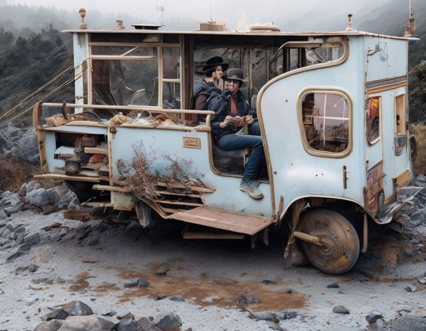 Two people on rustic vintage bus in barren landscape