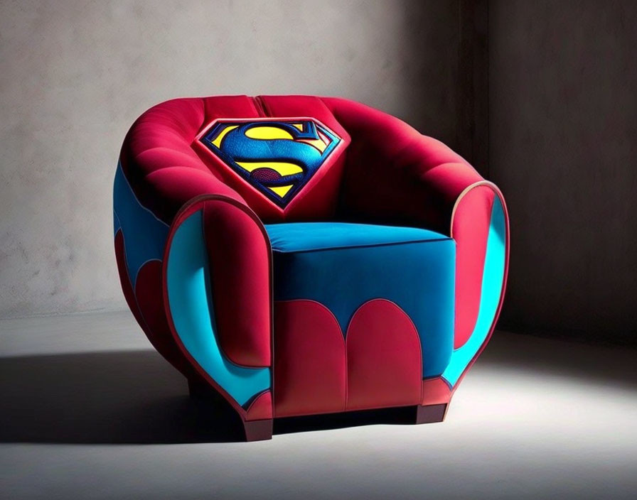 Superman-themed armchair with vibrant colors on grey background