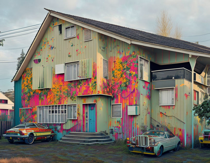 Vivid Multi-Colored Splatter Paint Building with Vintage Cars