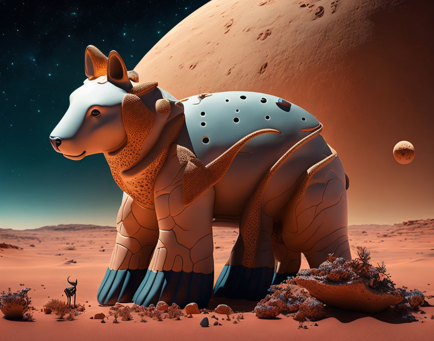 Stylized robotic bear on Martian landscape with planet and moon.