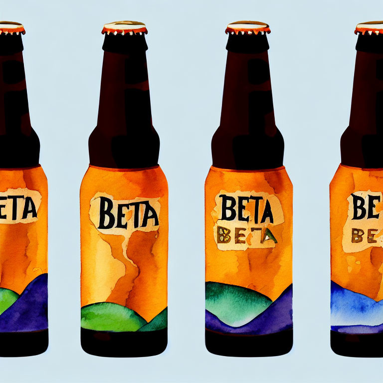 Four illustrated beer bottles with "BETA" labels on light background