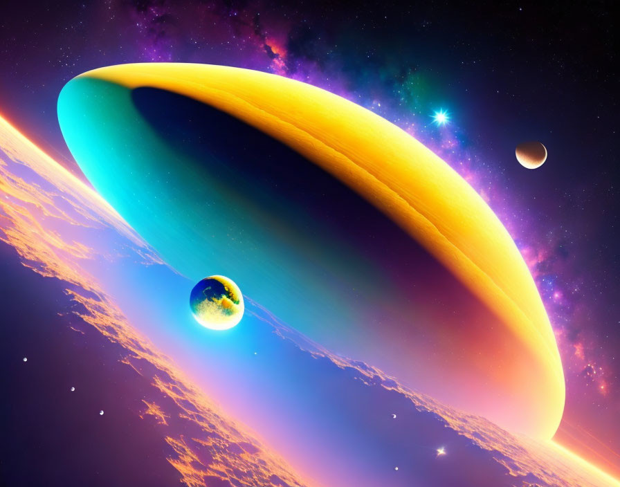 Colorful digital artwork: Ringed planet, moon, star, nebula-filled space