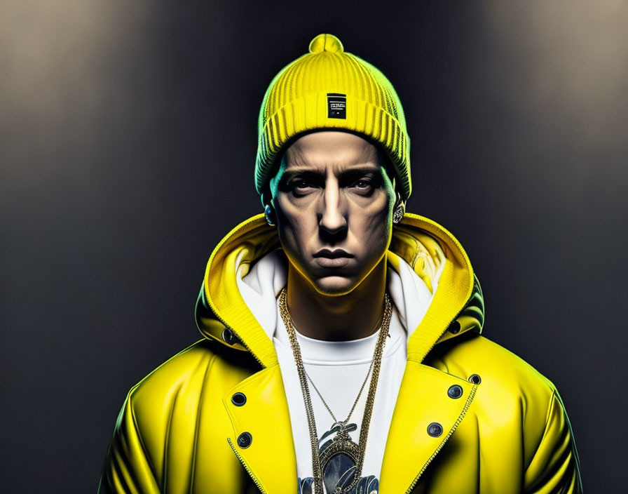 Person in Yellow Beanie and Jacket Staring at Camera on Dark Background