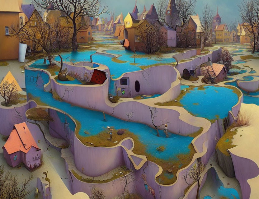 Colorful Landscape with Serpentine Waterways and Stylized Houses