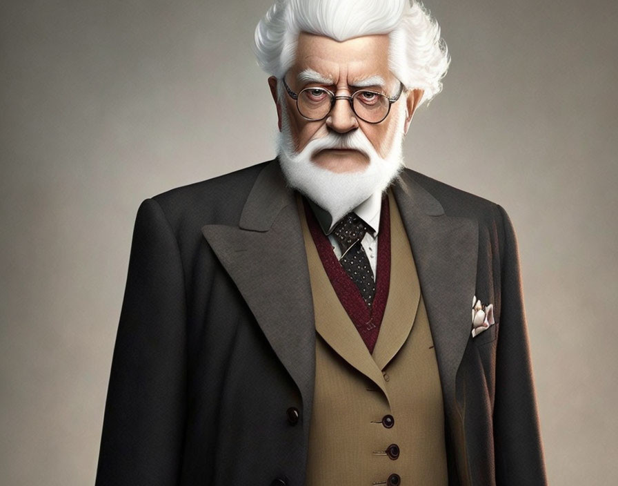 Realistic 3D illustration of elderly man with white hair, mustache, glasses, suit,