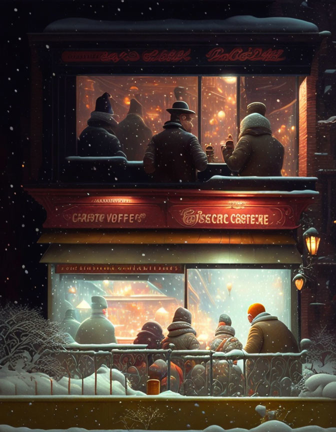 Snowy Night Scene: Cozy Café with Warm Beverages