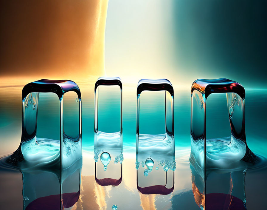 Four smartphones with water-themed wallpapers submerged in water against a sunset planet backdrop