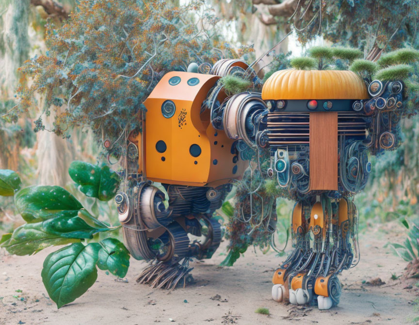 Whimsical carrot and pumpkin robots in lush greenery