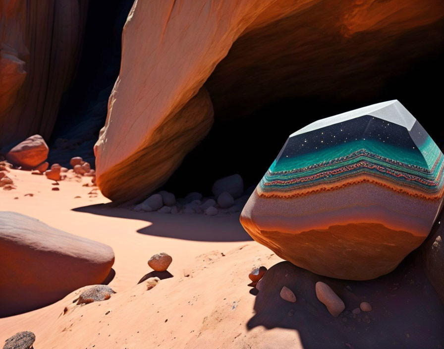 Multilayered cosmic pattern stone in sunlit desert canyon