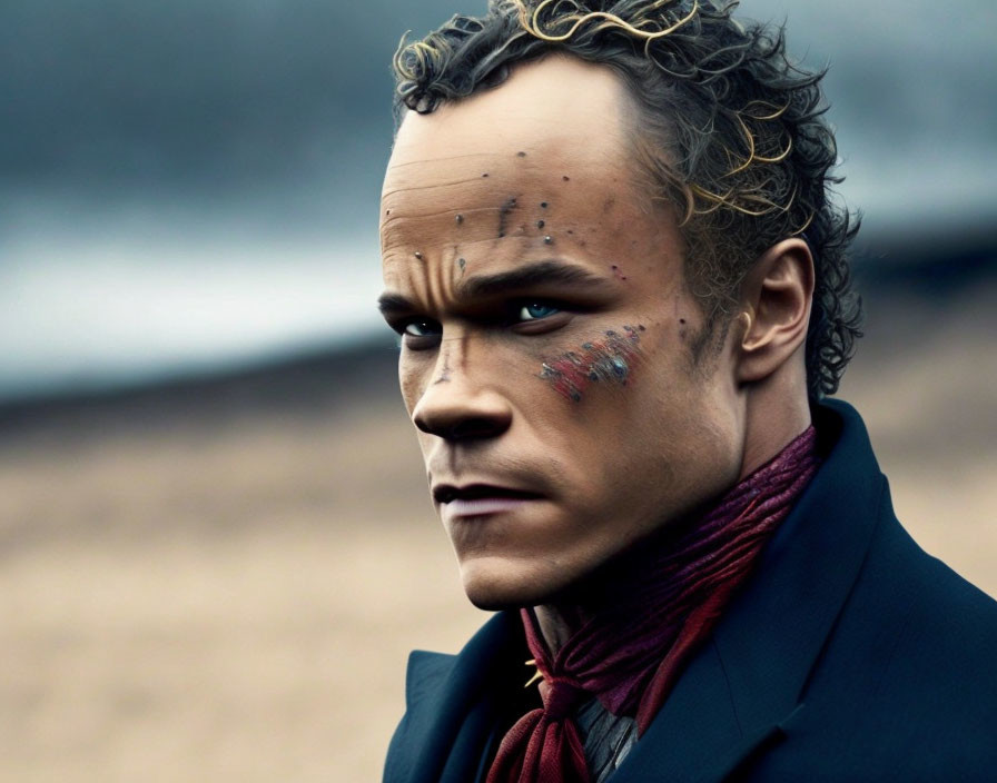 Man with tribal facial markings, curly hair, dark coat, and red scarf in close-up.