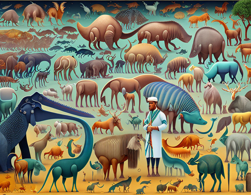 Vibrant illustration of diverse fantastical and prehistoric animals with man in historical dress