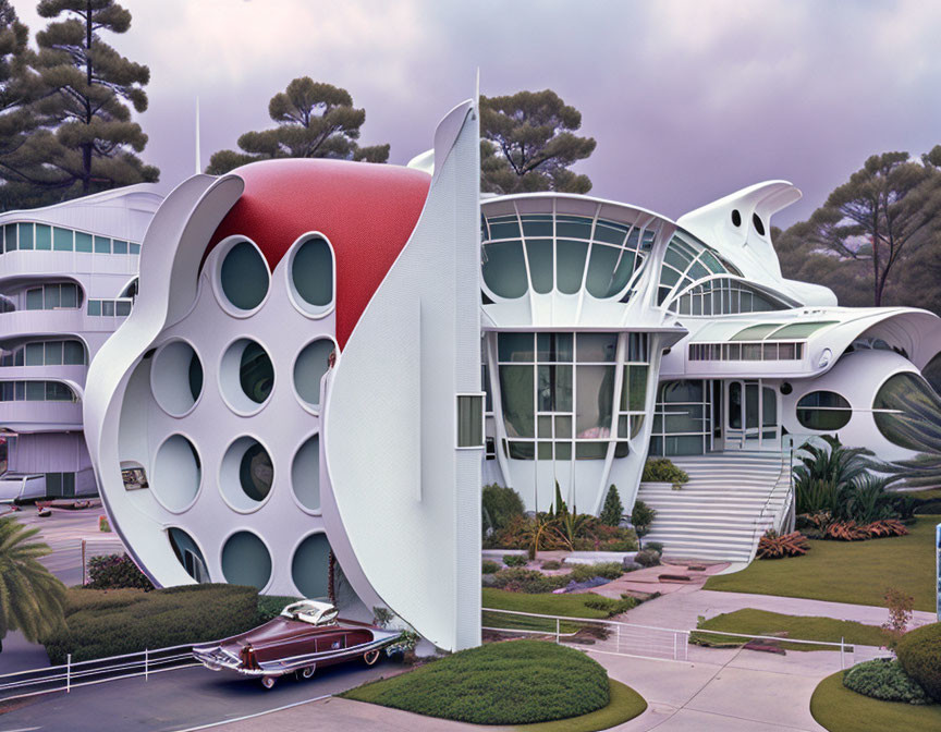 Retro-futuristic biomorphic building with round windows and vintage car under cloudy sky