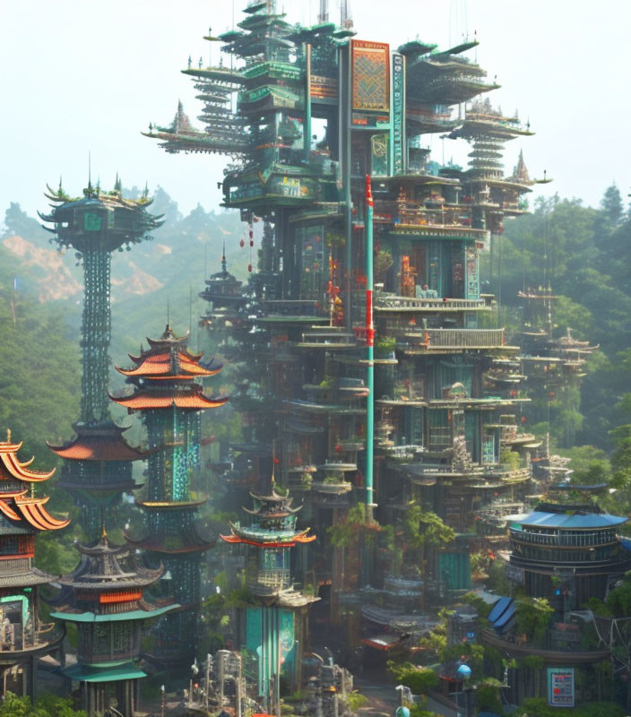 Traditional Chinese Pagoda in Lush Greenery under Hazy Sky