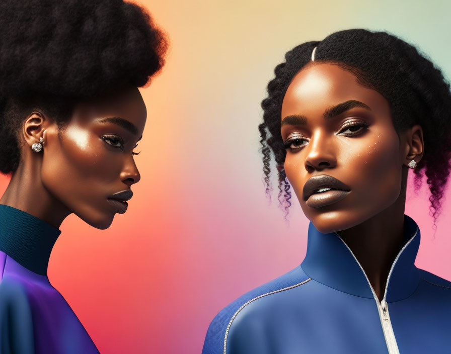 Dark-skinned women in sleek outfits showcase afro hairstyles and makeup against gradient background