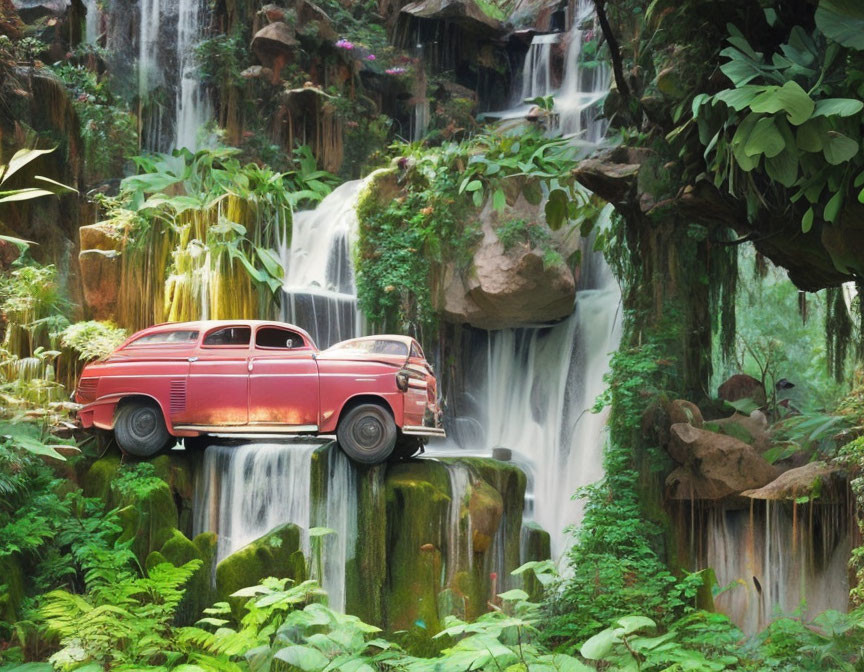 Vintage Red Car Parked on Lush Ledge with Cascading Waterfalls