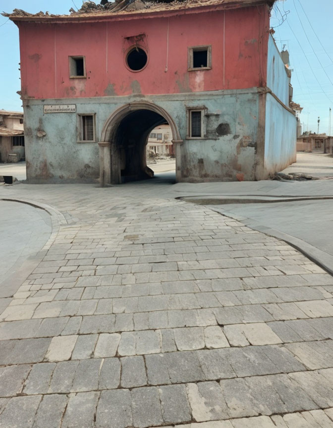 Pink and Blue Weathered Building with Archway on Paved Intersection