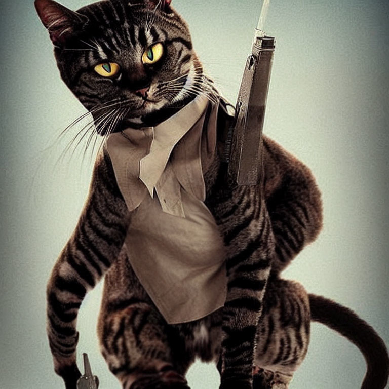 Digitally altered cat image standing with tie, syringe, and thermometer