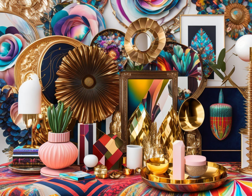 Decorative mirrors, lamps, vases, and artwork with vibrant colors and metallic finishes on patterned