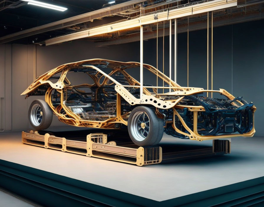 Detailed showcase of bare car chassis in studio lighting