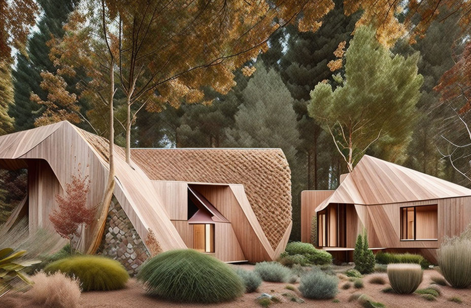 Triangular cabins nestled in autumn forest landscape