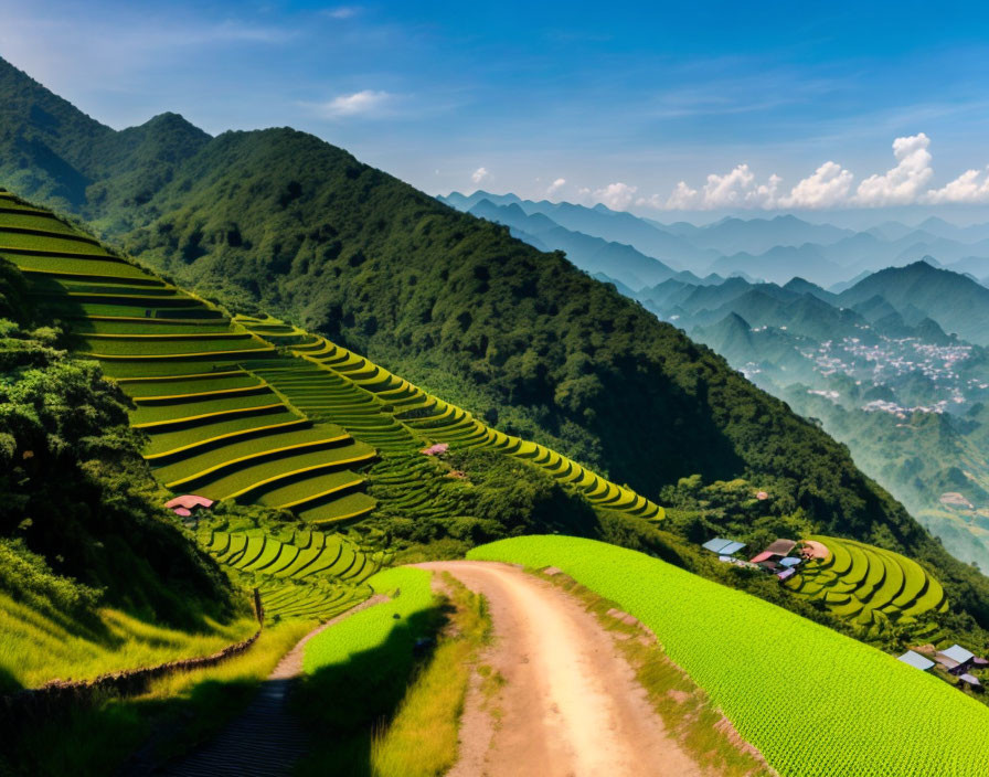 Scenic green terraced rice fields on rolling hills with mountain backdrop