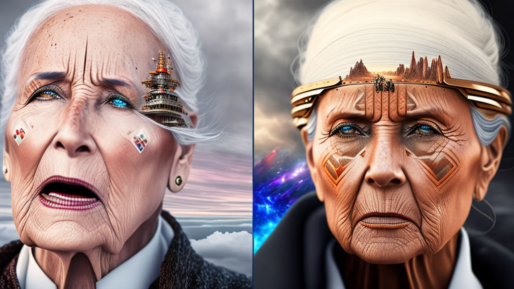 Elderly Woman with Cybernetic Enhancements in Dystopian Cityscapes