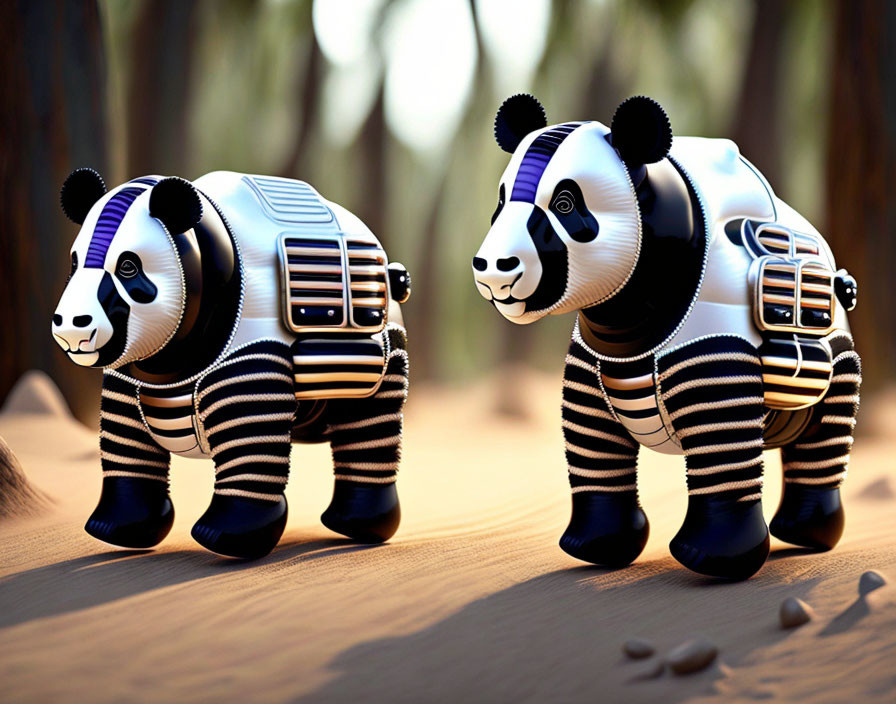 Toy pandas with car-like bodies in forest setting