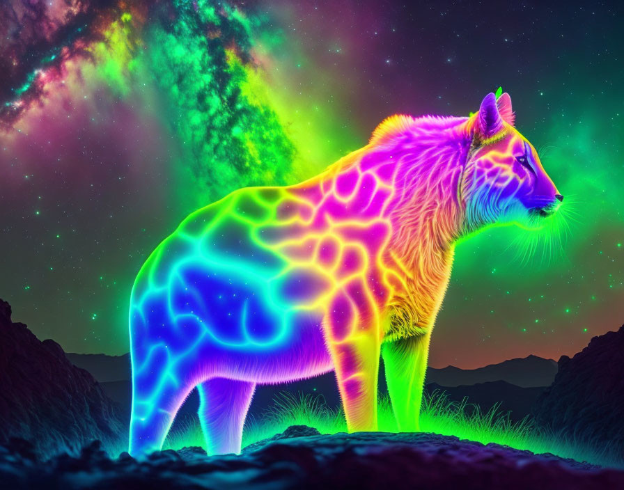 Neon-colored tiger with bioluminescent effect in cosmic night sky