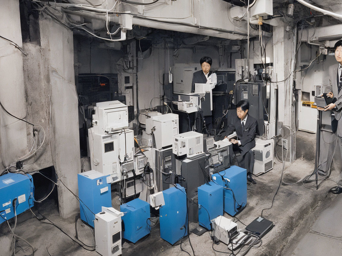 Professionals in suits with old computer equipment in cluttered industrial room