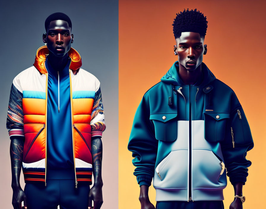 Stylish male models in sporty jackets on orange backdrop