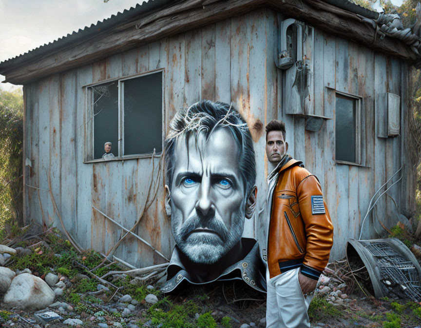 Man in Orange Jacket Standing by Shack with Face Mural in Natural Landscape