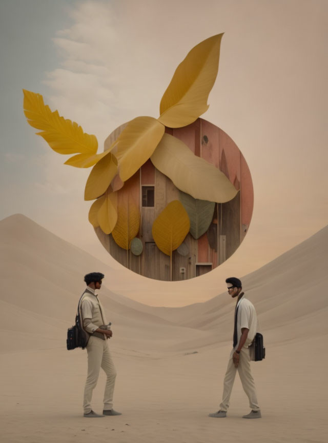 Two people in desert with surreal circular portal and wooden house.