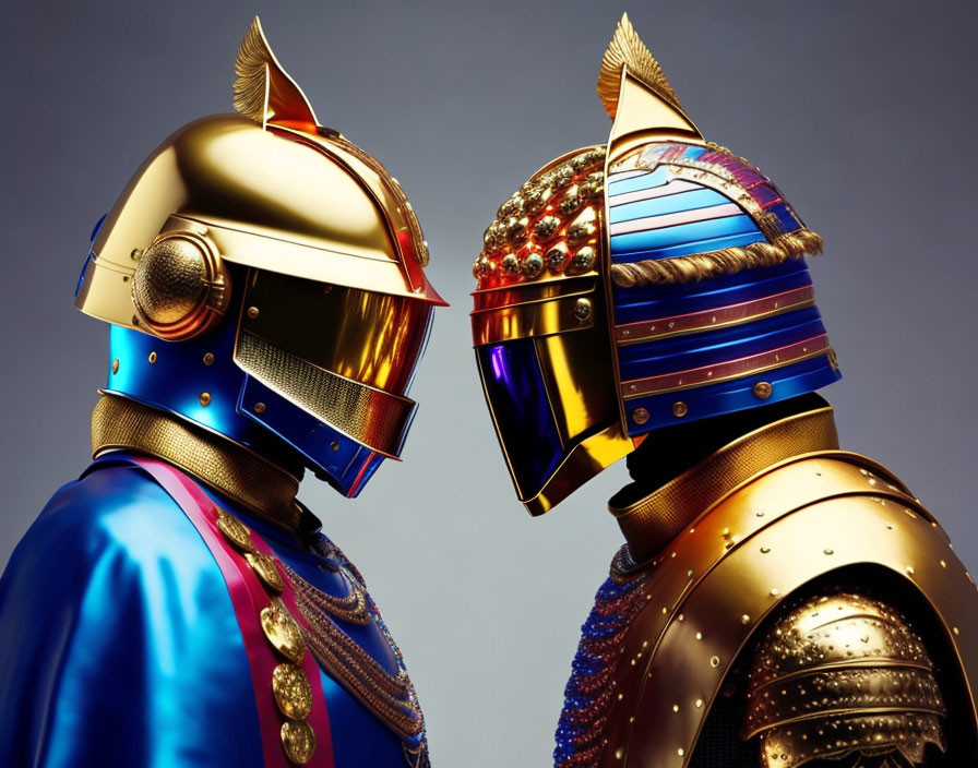 Two individuals in ornate samurai armor helmets on blue gradient background