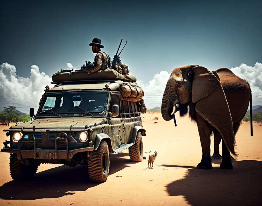 Person in safari outfit with elephant and dog on jeep in desert.