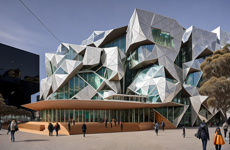 Angular Glass Facade on Modern Architectural Building with People Walking Outside