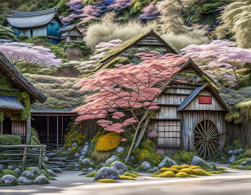 Wooden houses surrounded by cherry trees and colorful garden under sunny sky