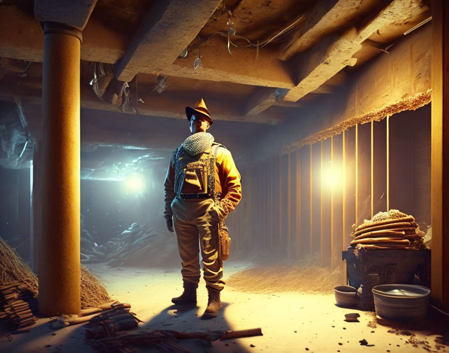 Construction worker in underground space with light beam.